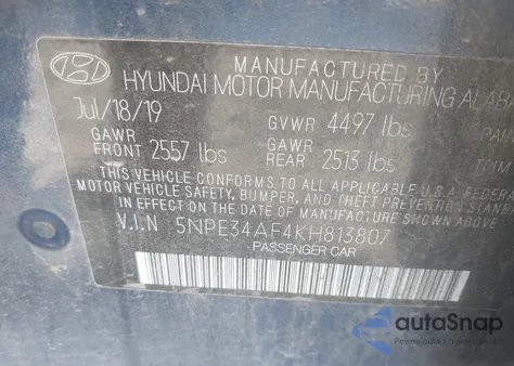 2019 Hyundai Sonata Sel z USA, uszkodzony, nr VIN 5NPE34AF4KH813807